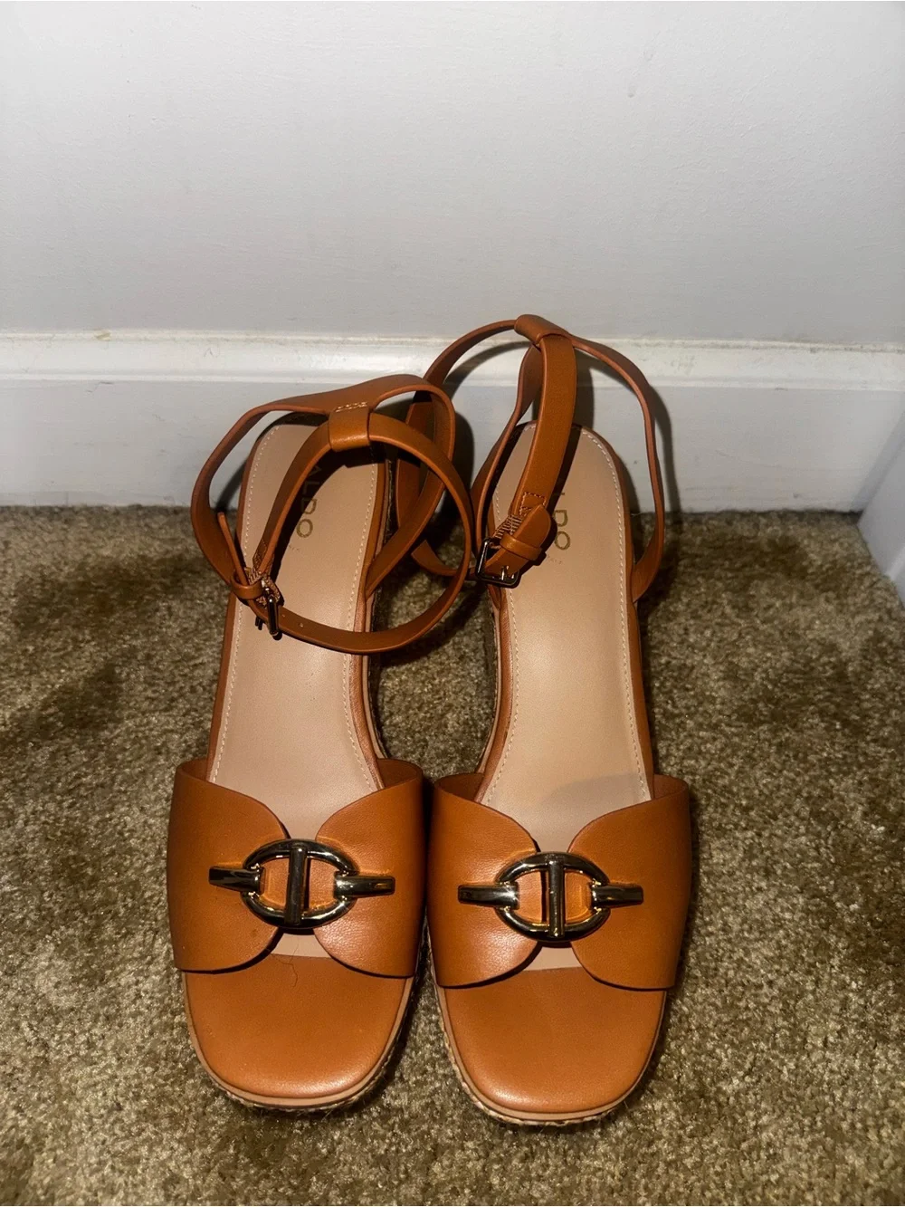 ALDO Cognac Leather Wedge Sandals with Raffia-Style Platform